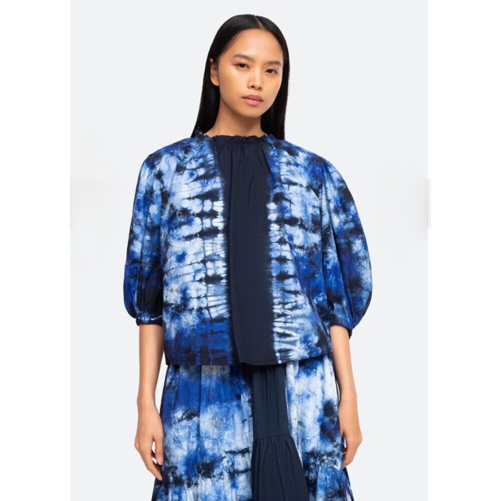 SEA NEW YORK Celestia Tie Dye Blouse, Puff Sleeves, Hand Died, Navy/White, Sz S